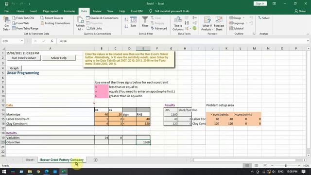 MS: Linear Programming Solutions with Excel QM for Maximization and Minimization Problems