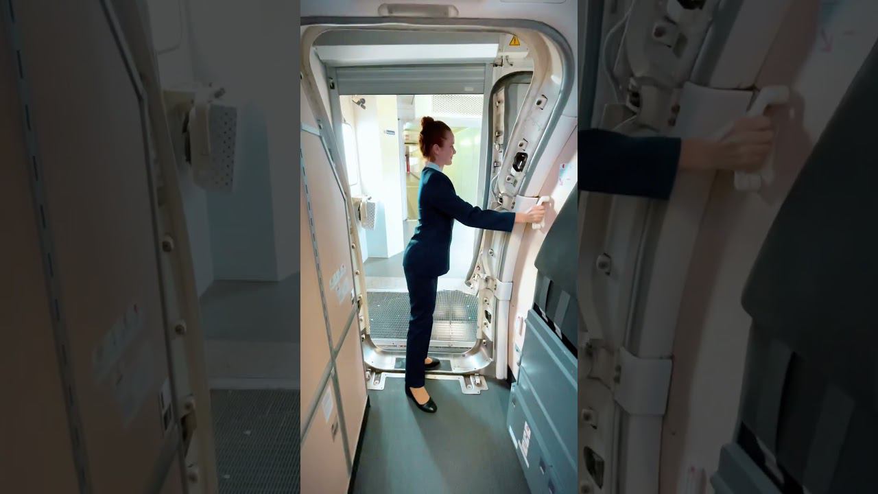 Как выглядит открытие двери снаружи самолёта? utair стюардесса самолет boeing737 Боинг