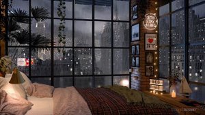 Cozy Bedroom with New York Manhattan View   Relaxing Rain and Thunderstorm Sounds