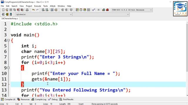 2-Dimensional Character Array | String in C | C Language LECTURE – 70 |