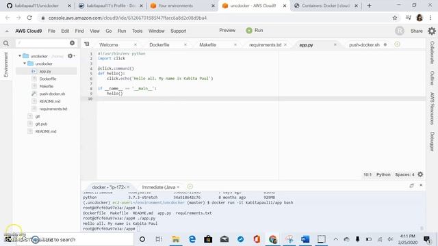 Setup a docker python project using AWS cloud9