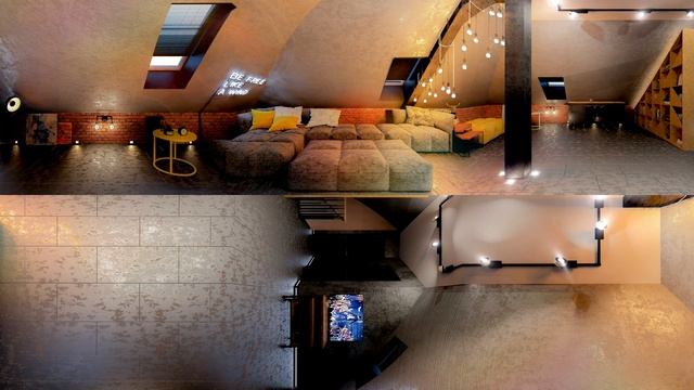 3D панорама в 4К  в трех ракурсах интерьера мансарды коттеджа в стиле LOFT