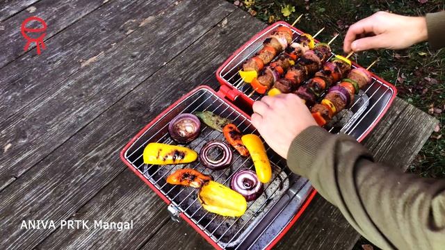 Шашлык с овощами на решетке. Мангал Aniva смотреть онлайн