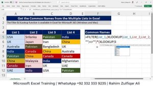 Compare Multiple Lists & Extract Matching / Common Names in Separate Column in Microsoft Excel