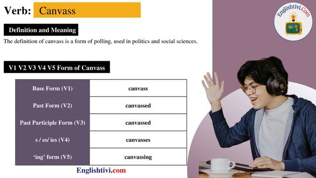 canvass V1 V2 V3 V4 V5 Base Form, Past Simple, Past Participle Form of canvass | Englishtivi.com смотреть онлайн