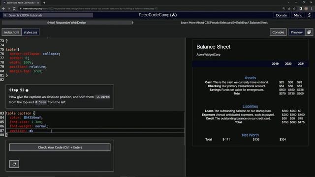 ? Learn HTML & CSS | FreeCodeCamp ?️ Balance Sheet: Step 52 ⌨️
