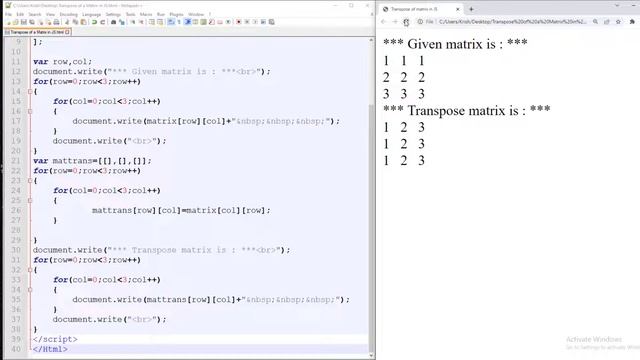 Transpose of a matrix in js | Transpose of a matrix
