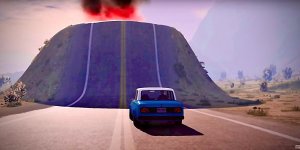 Автомобили проезжают по вулкану на дороге -BeamNG drive