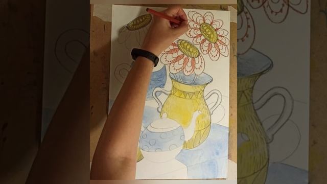 Рисуем декоративный натюрморт акварелью и карандашами. Школа рисования для детей.