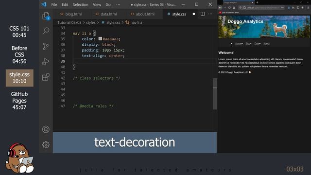 [03x03] CSS 101; How to create a dark-theme website; VS Code | 3/13 Julia Web Tools for Beginners