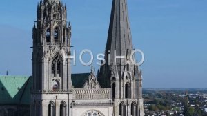 Aerial view of Notre-Dame-de-Chartres Cathedral, filmed by drone, Chartres, France