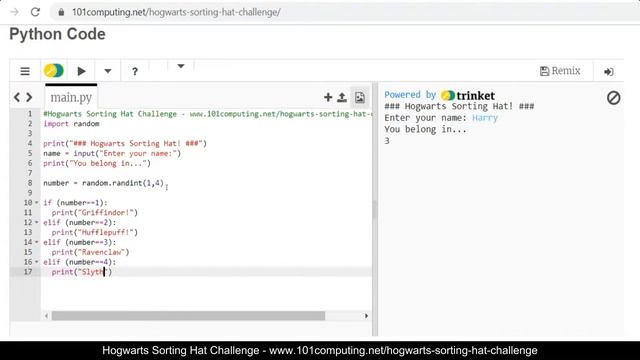 Hogwarts Sorting Hat | Python Challenge | 101Computing.net
