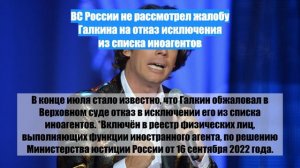 ВС России не рассмотрел жалобу Галкина на отказ исключения из списка иноагентов