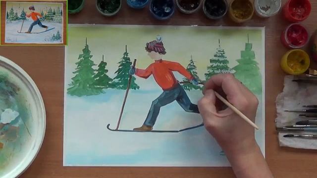 Как нарисовать зимнюю прогулку на лыжах. Для детей. Просто. Гуашь смотреть онлайн