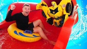 Роботы Трансформеры - Супер Тренировка БАМБЛБИ в АКВАПАРКЕ! – Смешное видео шоу с Супергероями.
