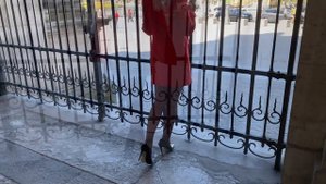 Shopping in black 7den nylon stockings, suspender belt, miniskirt and high heels, walking public, 4