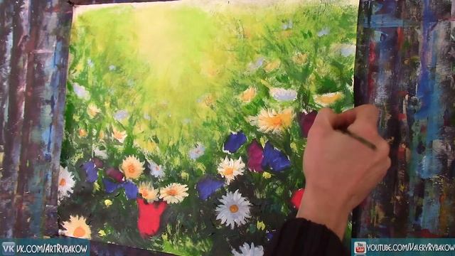 Как нарисовать ЦВЕТОЧНОЕ ЛЕТНЕЕ ПОЛЕ Картина акрилом ШАГ ЗА ШАГОМ | Полные УРОКИ РИСОВАНИЯ. Рыбаков