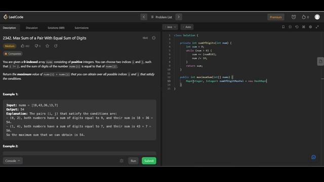 Leetcode 2342 : Max Sum of a Pair With Equal Sum of Digits (Medium) смотреть онлайн