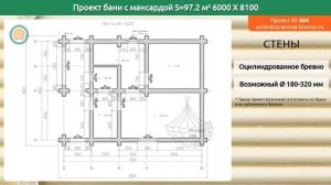 Проект бани № 864 с мансардным этажом 97 м2 6 X 8.1 из оцилиндрованного бревна