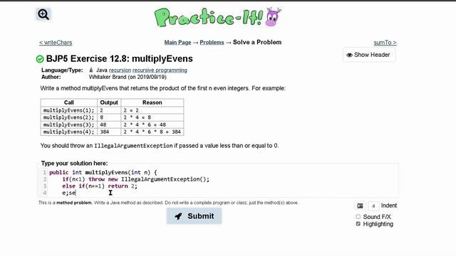 Java Practice It | Exercise 12.8: multiplyEvens | recursion, recursive programming смотреть онлайн
