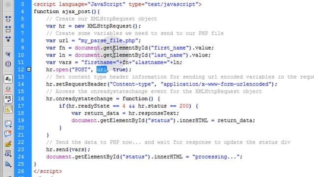 Ajax Tutorial Post to PHP File XMLHttpRequest Object Return Data JavaScript
