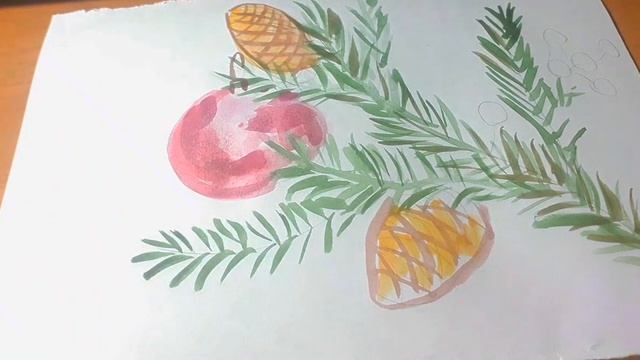 Рисунок акварелью, новогодняя открытка, ветка ёлки/