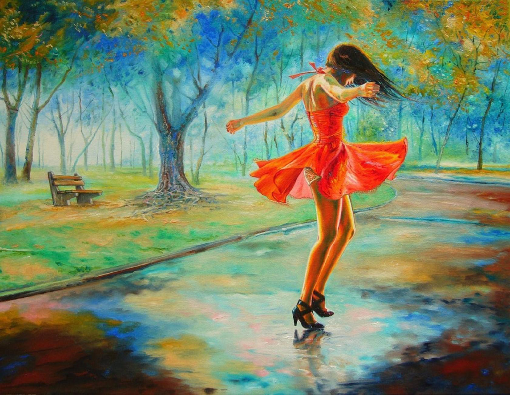 Песня живу танцую. Художник Wlodzimierz Kuklinski 2 осень и женщина. Позитивные картины художников. Картина девушка.