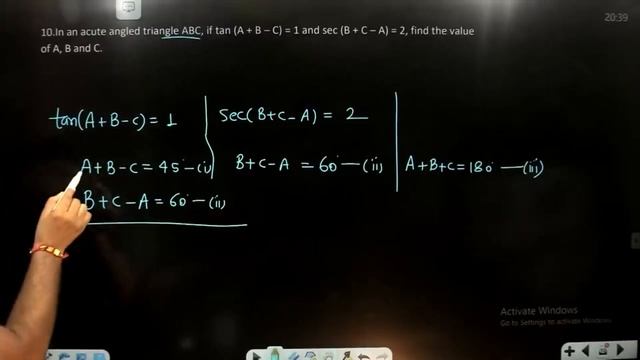 In an acute angled triangle ABC, if tan (A + B – C) = 1 and sec (B + C – A) = 2, find the value of смотреть онлайн