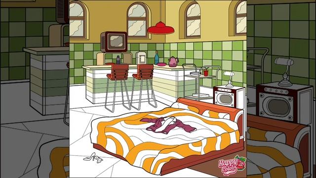 #Раскраска Happy Color. #Интерьер кухни, совмещенной со спальней. Дизайн квартиры студии смотреть онлайн