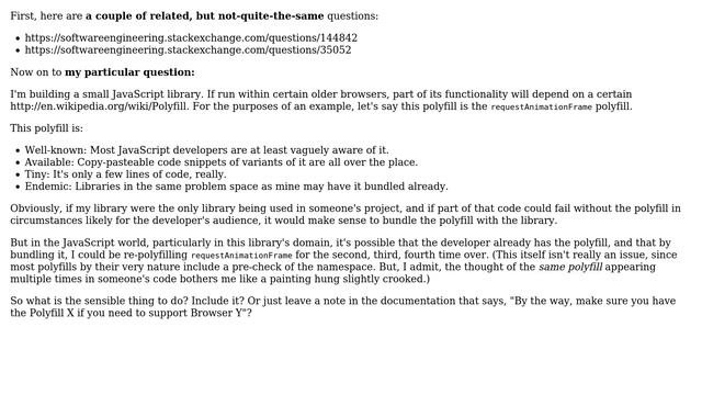 Software Engineering: JavaScript: Bundle A Required, But Common, Polyfill In My Library?