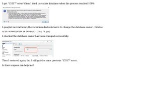 Databases: SQL SERVER 2016, Restore database get 15517