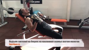 Подъем гантелей на бицепс на наклонной скамье хватом молоток