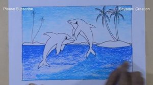 How to draw scenery of dolphin in beach | Dolphin scenery drawing