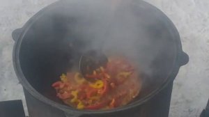 Чихохбили из гуся в казане на живом огне.