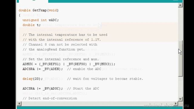 Считываем температуру из встроенного в Arduino UNO термосенсора смотреть онлайн