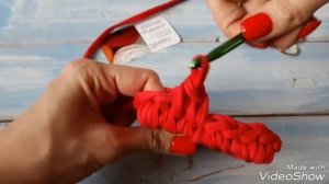 Корзинка из трикотажной пряжи. Обвязываем квадратное деревянное донышко