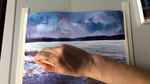Рисуем пейзаж с зимней рекой акварелью.