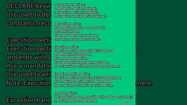 PL/SQL Block sections & Imp Points|Declaration section|Execution section|Exception handling section