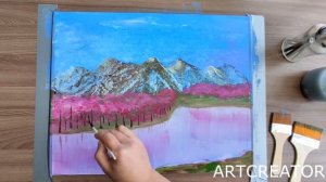 Горы и сакура. Рисуем акрилом. Mountains and sakura. Draw with acrylic.