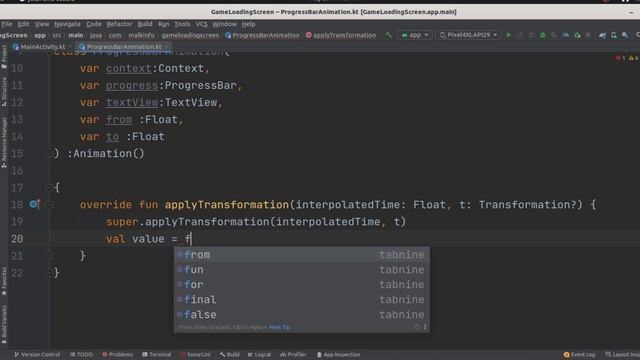 add the loading screen starting of the android application in android studio\kotlin loading screen