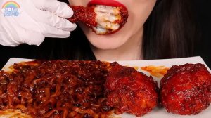 ASMR BLACK BEAN NOODLES SPICY CHICKEN RECIPE 진진짜라 핵불닭치킨 먹방 COOKING EATING SOUNDS MUKBANG | ZOEY ASM