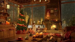 Новогодняя мелодия 8.4K Snow Night on Window at Christmas Coffee Shop Ambience