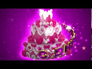 Футаж: С ДНЁМ РОЖДЕНИЯ. Торт на маджента фоне с эффектом звёзд