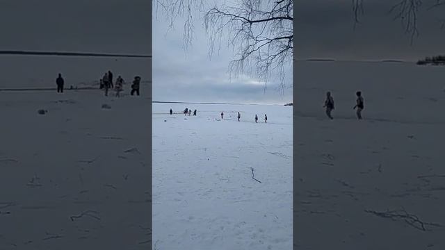 субботнее утро... люди кормят уток, купаются, катаются на лыжах, скайтинг, ловят рыбу...