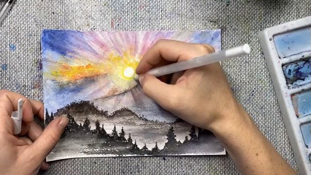 Туманная Фудзияма. Рисуем горы акварелью. Скетчинг для начинающих. Закат акварелью. смотреть онлайн