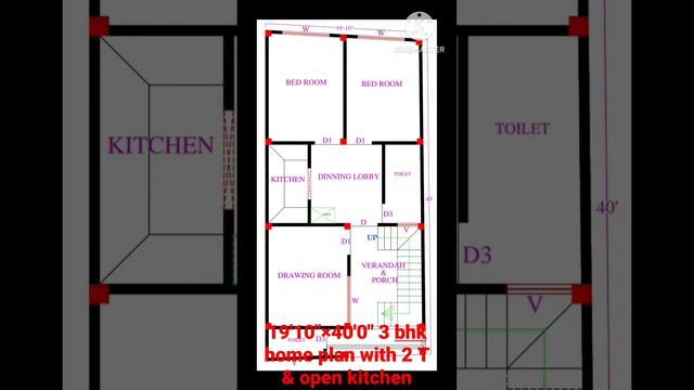 19'10"×40"0" 3 bhk home plan with 2 toilet & open kitchen # east side home plan # viral