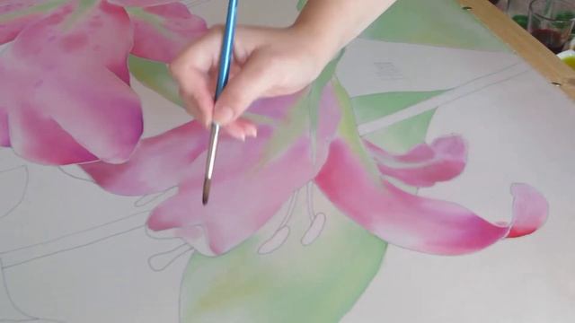 Silk painting Pink tiger Lily on silk scarf hand painted DIY смотреть онлайн