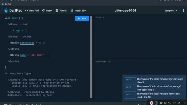 Dart Programming Language for Flutter Tutorial - Strings Boolean Integers Double Data Types in Dart