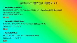 MacBookPro M2MAXとMacBook Pro intel Core i7とMacStudio M1MAXの3台で外付けSSDからLightroom書き出しスピードテスト