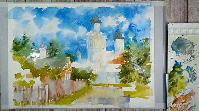 Watercolor painting. Russian landscape. Staraya Russa смотреть онлайн